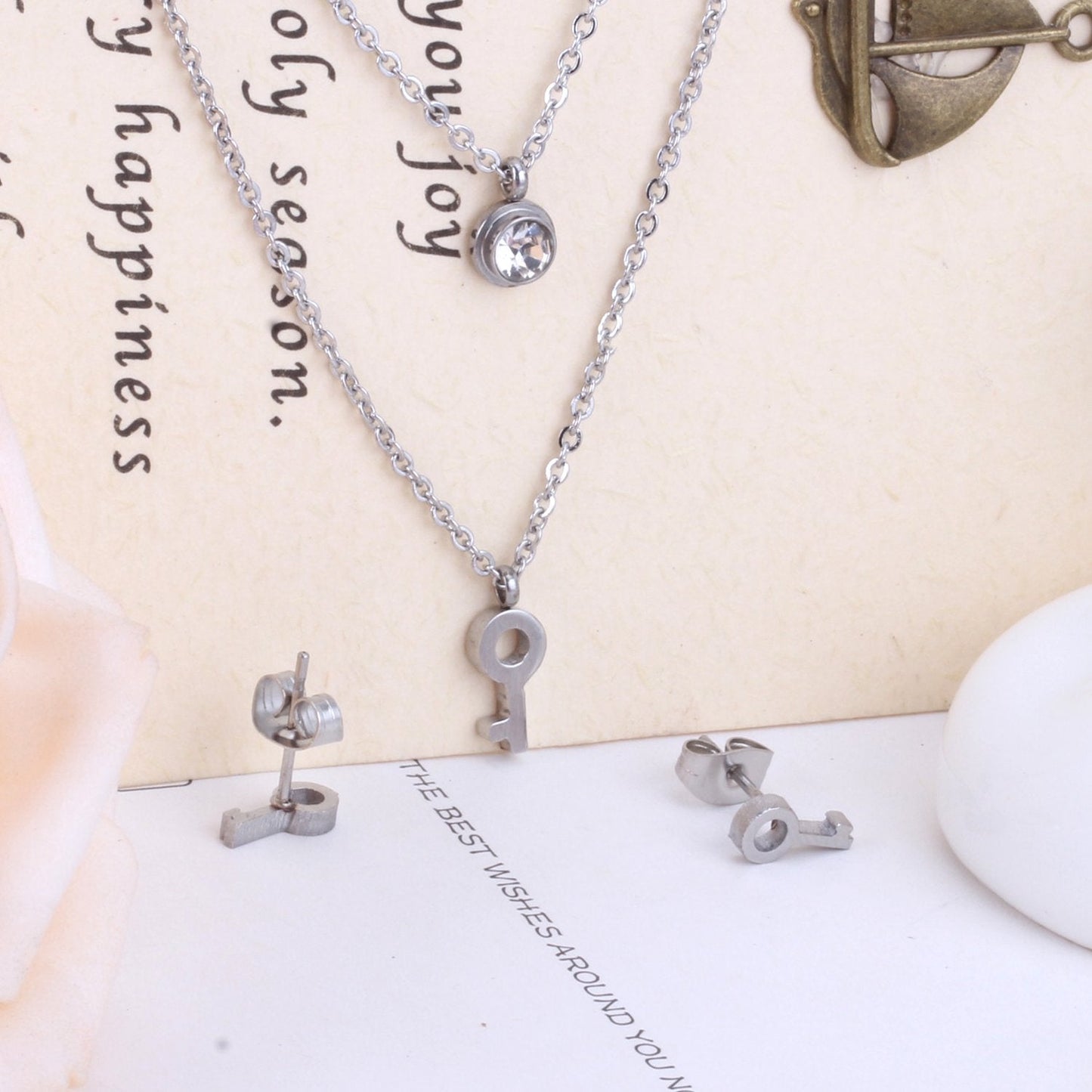 Key Pendant Stainless Steel Necklace Earring Crystal Wedding Bridal Gold Jewelry Set For Women Girls Jewellery Set