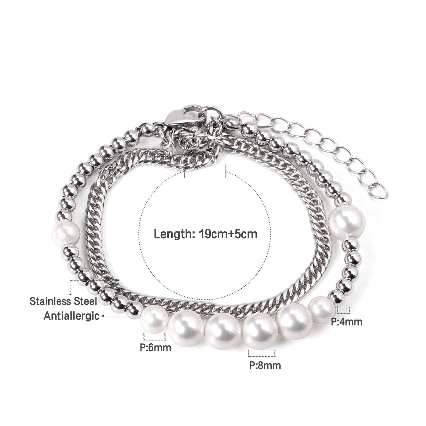 ASON Silver Color Trendy Imitation Pearl Bracelet with Steel Ball Charm Stainless Steel Bangle for Women Fashion Jewelry