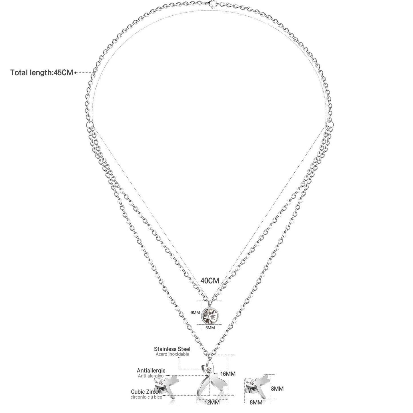 ASON Fashion 316L Stainless Steel Gold Bridal Wedding Jewelry Set for Women Dragonfly Necklace Pendant Small Stud Earring