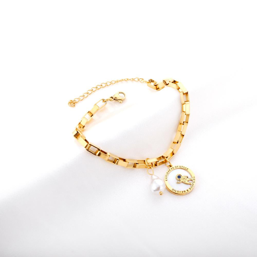 ASON Gold Color Stainless Steel 18+3cm Round Ring Spaceman And Pearl Jewelry Accessory Bracelets For Women Streetwear Daily