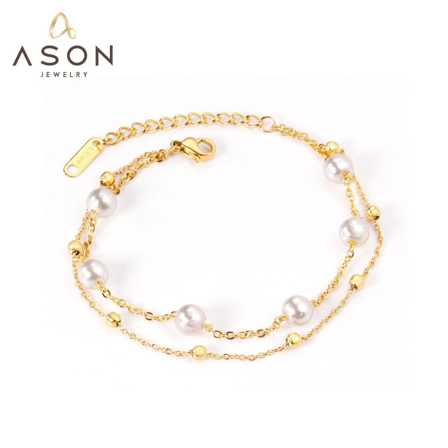 Wholesale Ason Gold Color Steel Ball Imitation Pearl 316L Stainless Steel Bracelet for Women Bangle with Extender Fashion Jewelry