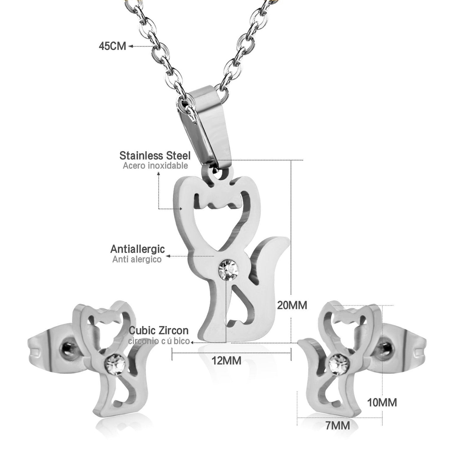 Stainless Steel Little Fox With Cubic Zirconia Necklace Earrings Set Woman Wedding Jewelry Sets Anniversary Present