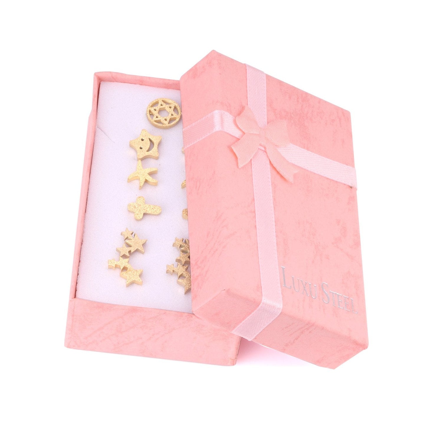 ASON 6pairs/Box Cute Baby Cross/Smile/Star/Round Piercing Stud Earrings Set Gold Color Accessories Stainless Steel Jewelry