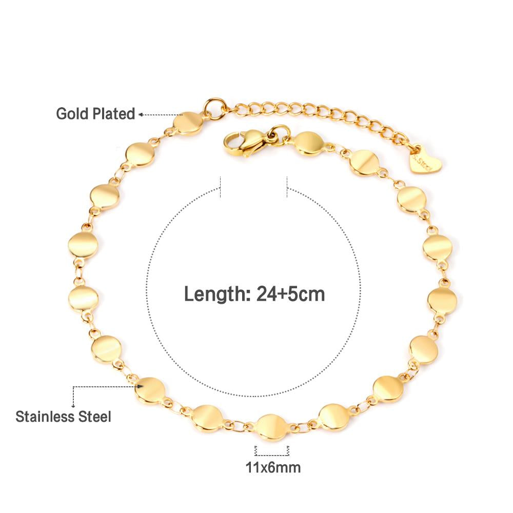 ASON Trendy Round Charm Anklet 316L Stainless Steel Foot Chain with Extender 24+5cm for Women Beach Jewelry Party Gift