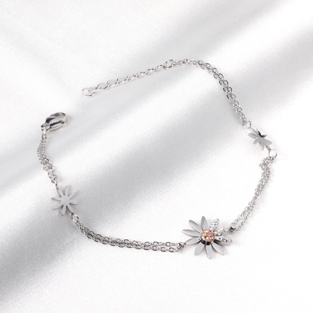 ASON Trendy Silver Color Stainless Steel 18+3 cm Daisy Cubic Zirconia Accessory Bracelets For Women Daily Wear Jewelry
