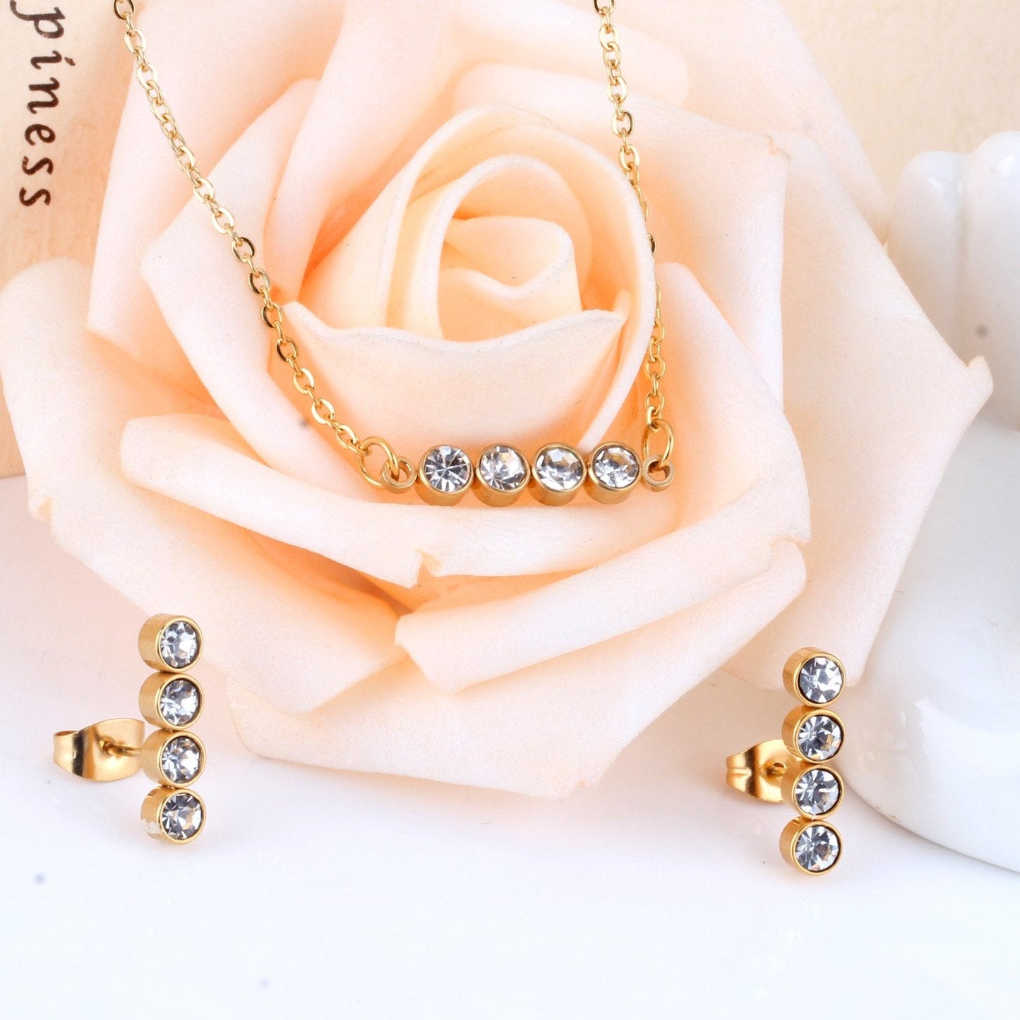 Asonjewelry Cubic Zirconia Gold Color Wedding Jewelry Set for Women 316L Stainless Steel Necklace Pendants Small Stud Earring