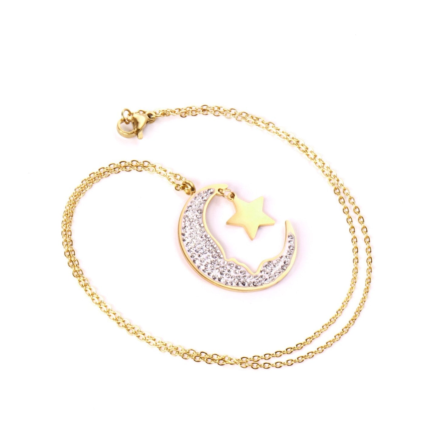 ASON Moon and Star Cubic Zirconia Pendant Necklace Gold Color Stainless Steel Chain for Women Girl Gift Jewelry Accessories