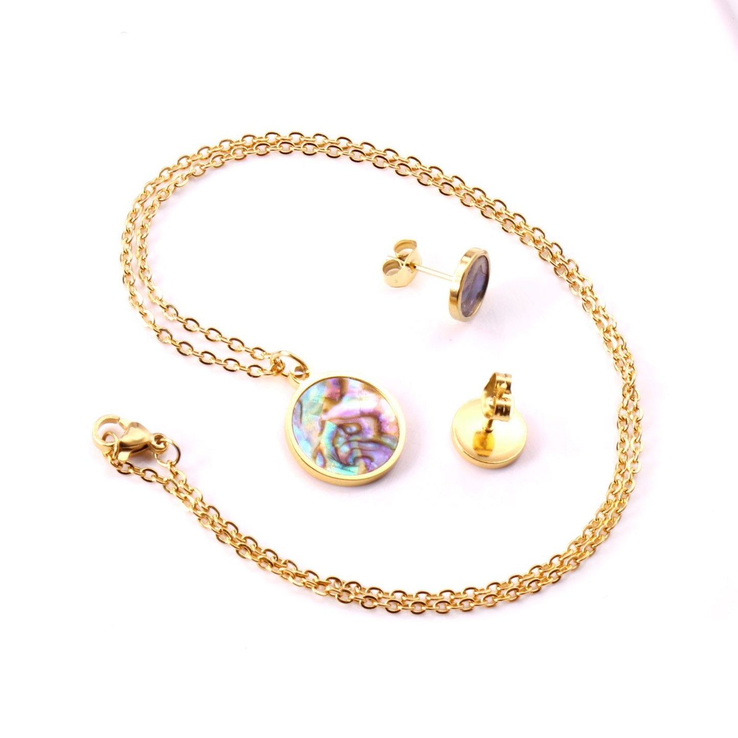 ASON Round Wedding Shell Carbon Fiber Jewelry Sets Pendant Necklace & Small Stud Earrings 316L Stainless Steel for Women