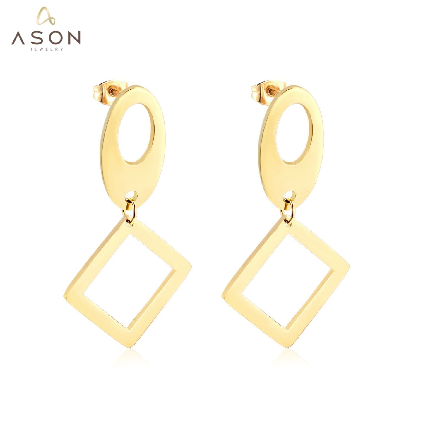 ASON Classic Gold Color Square Pendant Dangle Piercing Earrings Stainless Steel Drop Earring for Women Accessories Jewelry