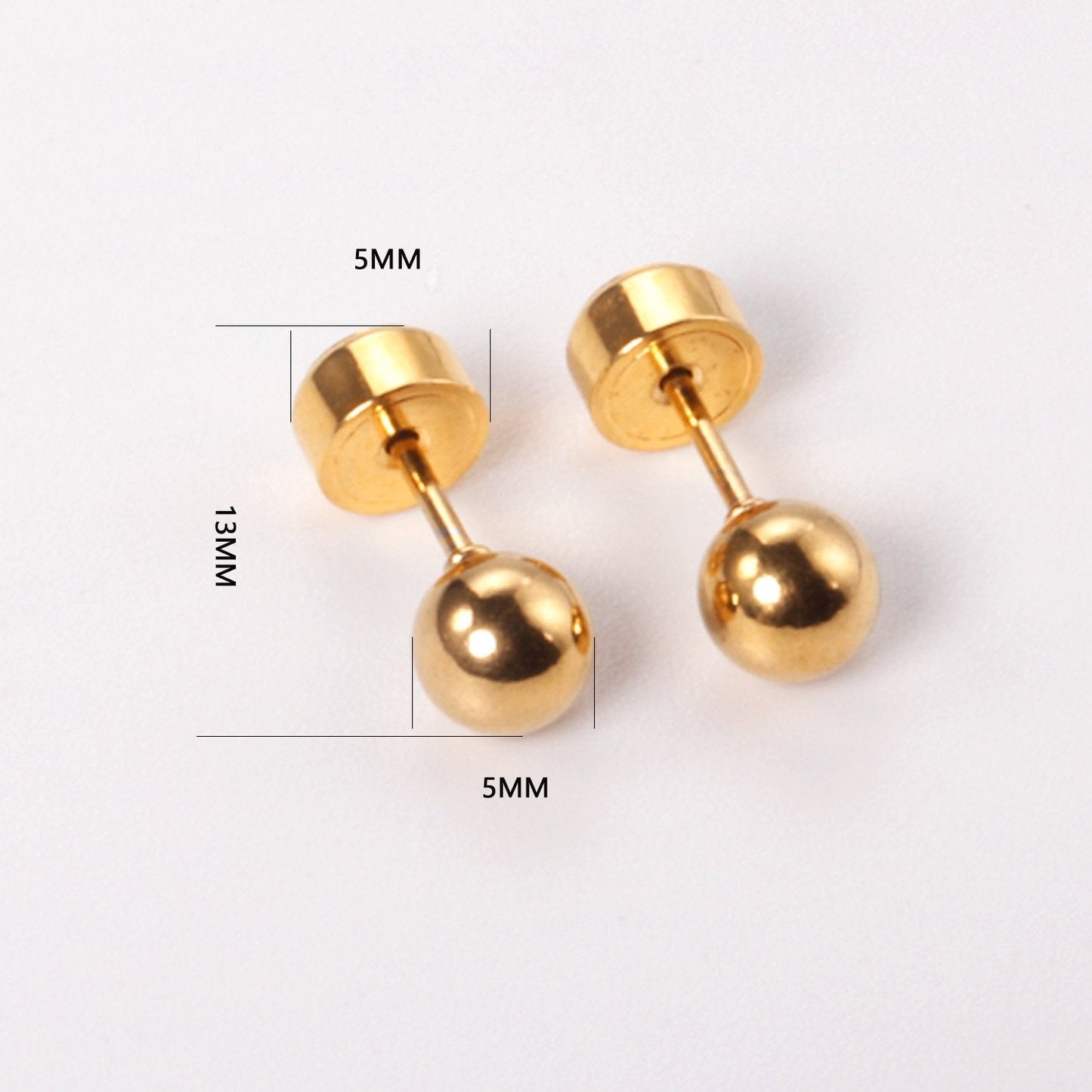 ASON Round Ball Press Piercing Stud Earrings Gold Color Stainless Steel for Women Baby Kids 3mm/4mm/5mm Jewelry Wholesale