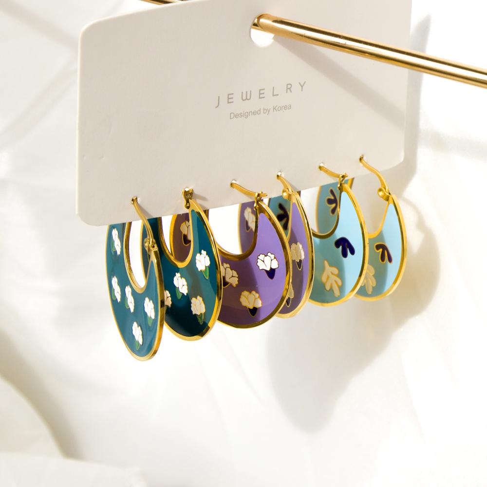 Unique Trendy Woman's Hoops Earrings Blue Acrylic Green Purple Earrings Hyperbole Jewelry Floral Circles Earrings