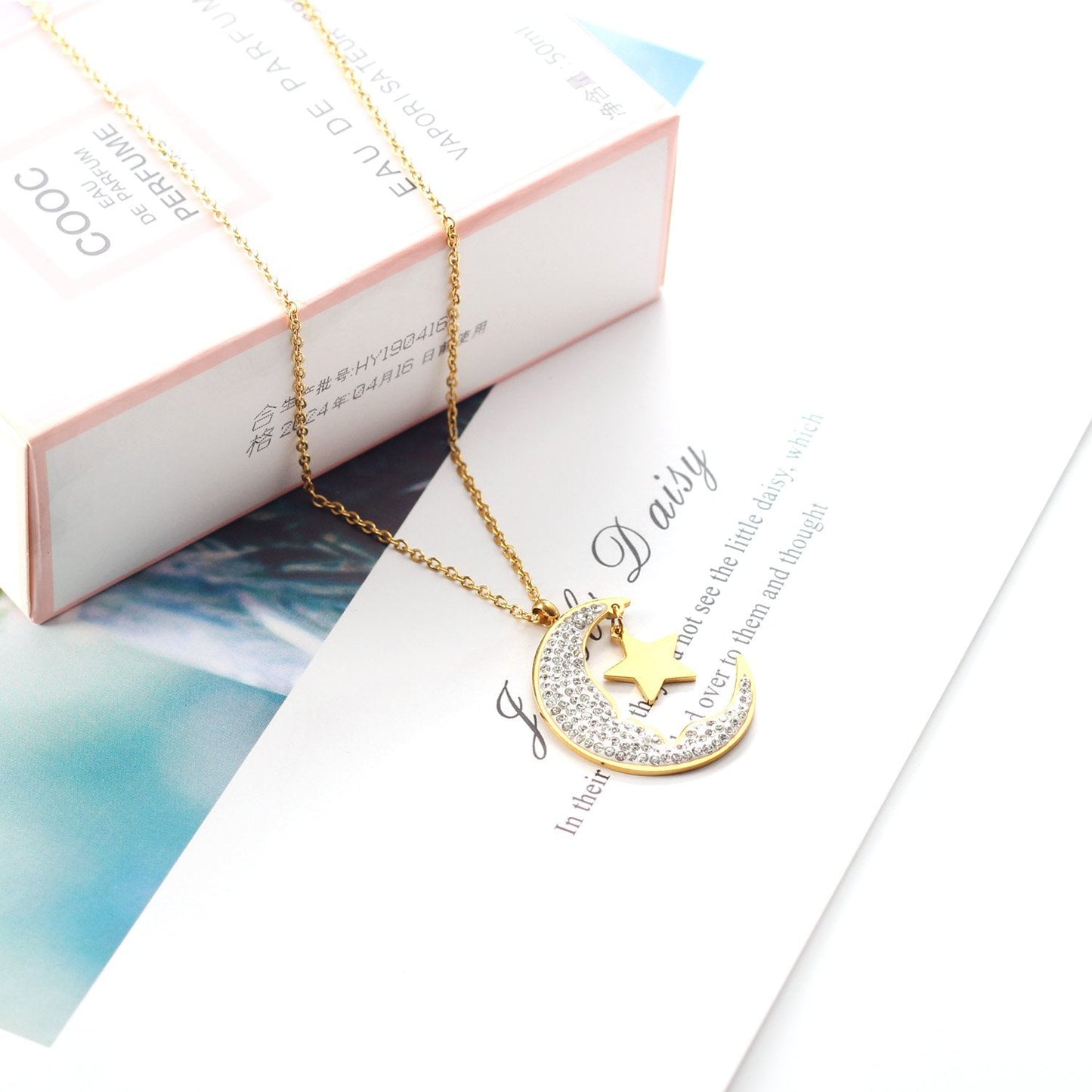 ASON Moon and Star Cubic Zirconia Pendant Necklace Gold Color Stainless Steel Chain for Women Girl Gift Jewelry Accessories