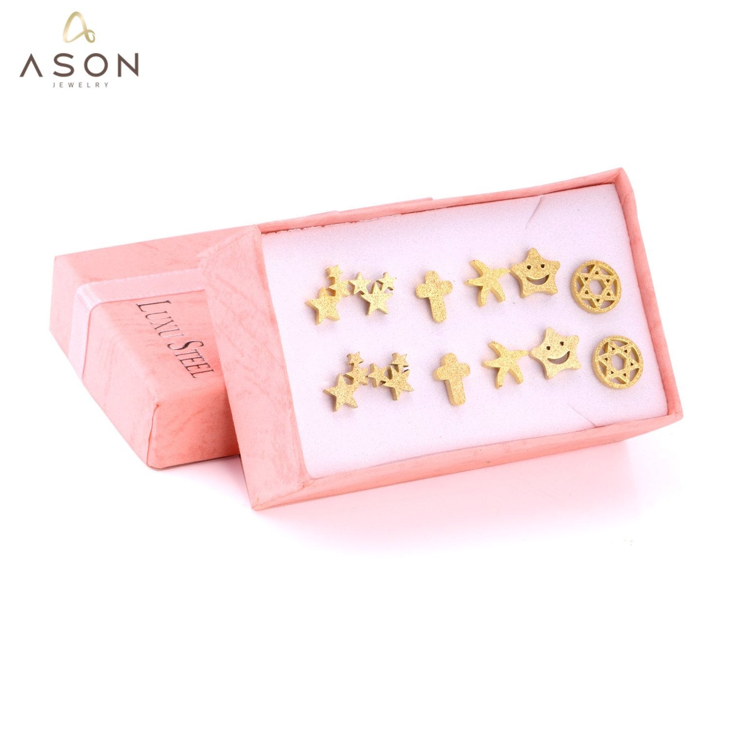 ASON 6pairs/Box Cute Baby Cross/Smile/Star/Round Piercing Stud Earrings Set Gold Color Accessories Stainless Steel Jewelry