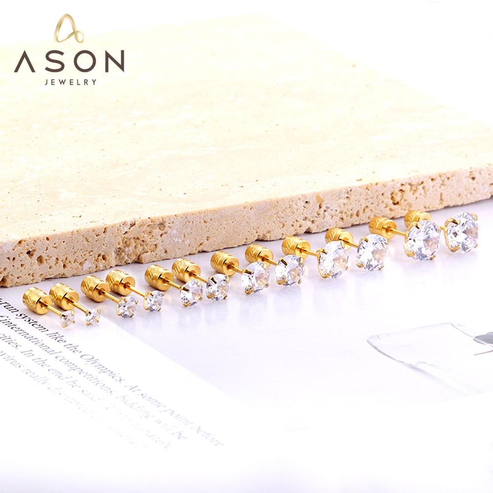 ASON Twist Back White Round Cubic Zirconia Piercing Stud Earring Gold Color Stainless Steel Fashion For Women Daily Jewelry