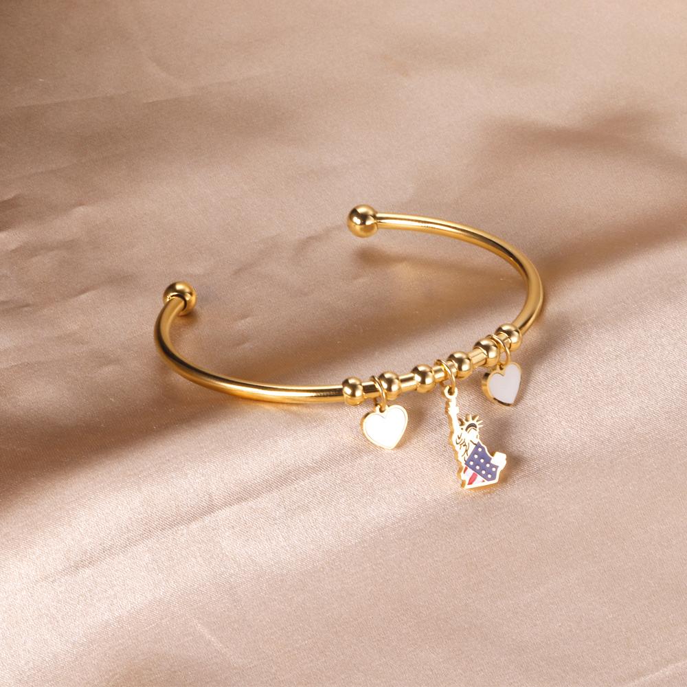 ASON Fashion Gold Color Heart with Shell Charm Stainless Steel Bracelet Open Bangle Jewelry Accessory for Women Party Gift