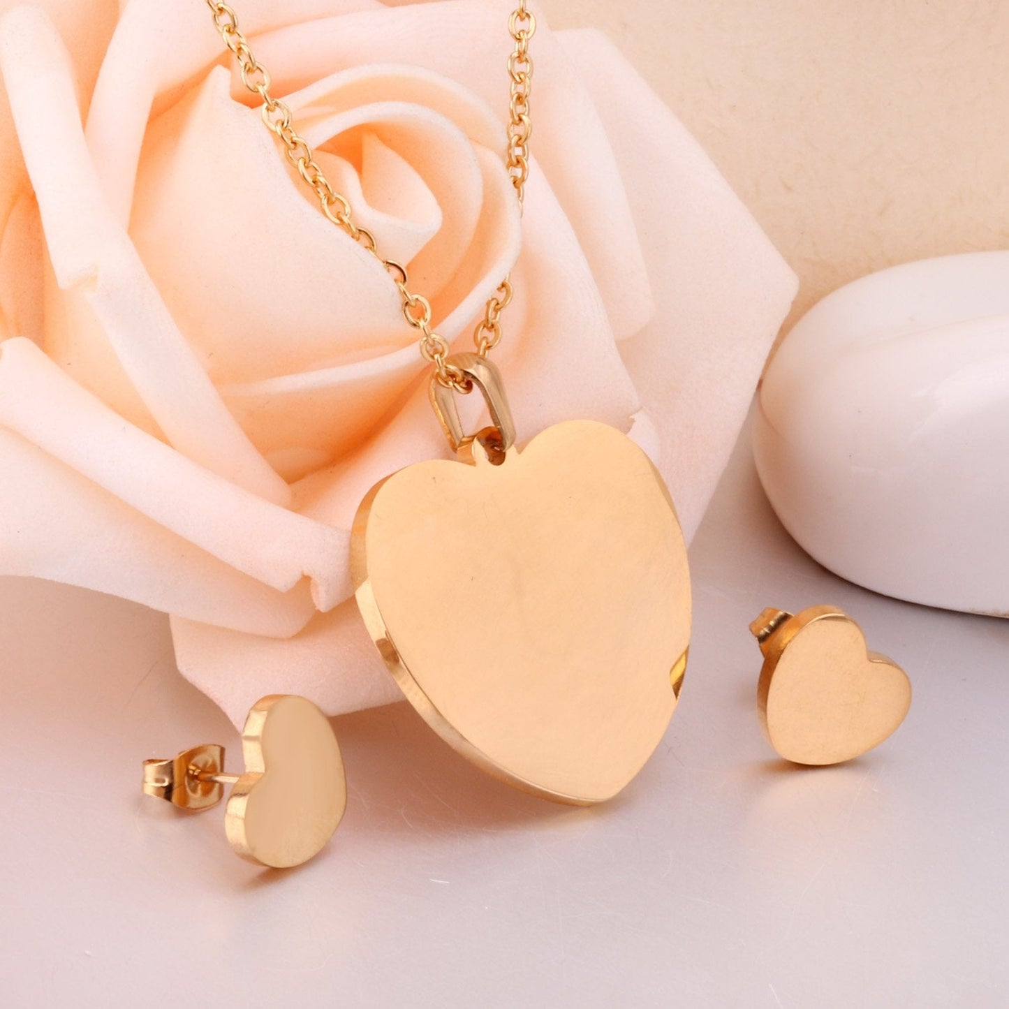 Heart Earrings Pendant Chain Necklace Jewelry Set For Women Girls Gold/Steel Wedding Dubai African Jewellery Sets