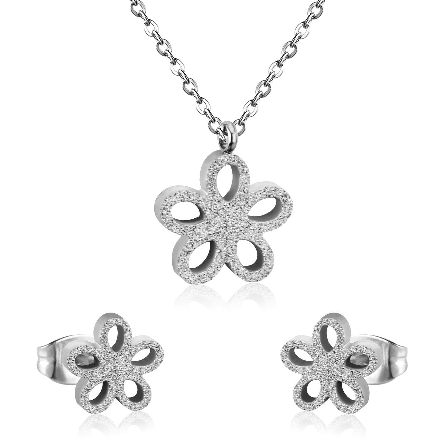 ASON Frosted Flower Chain Pendant Necklace Piercing Earrings Gold Color Stainless Steel for Women Jewelry Sets Fashion