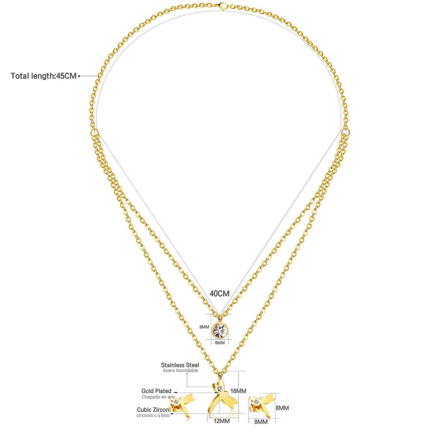 ASON Fashion 316L Stainless Steel Gold Bridal Wedding Jewelry Set for Women Dragonfly Necklace Pendant Small Stud Earring