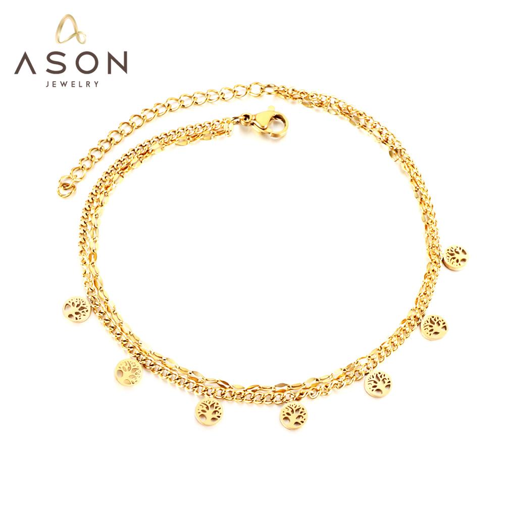 ASON Trendy Round Hollow Out Tree Accessories Multi-layer Chain Anklet Gold Color Stainless Steel For Women Fashion Jewelry