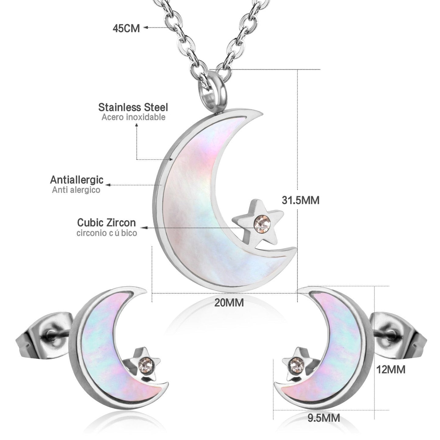 ASON Moon Star Shell 316L Stainless Steel Bridal Wedding Jewelry Sets for Women 2019 Necklace Pendant Small Stud Earring