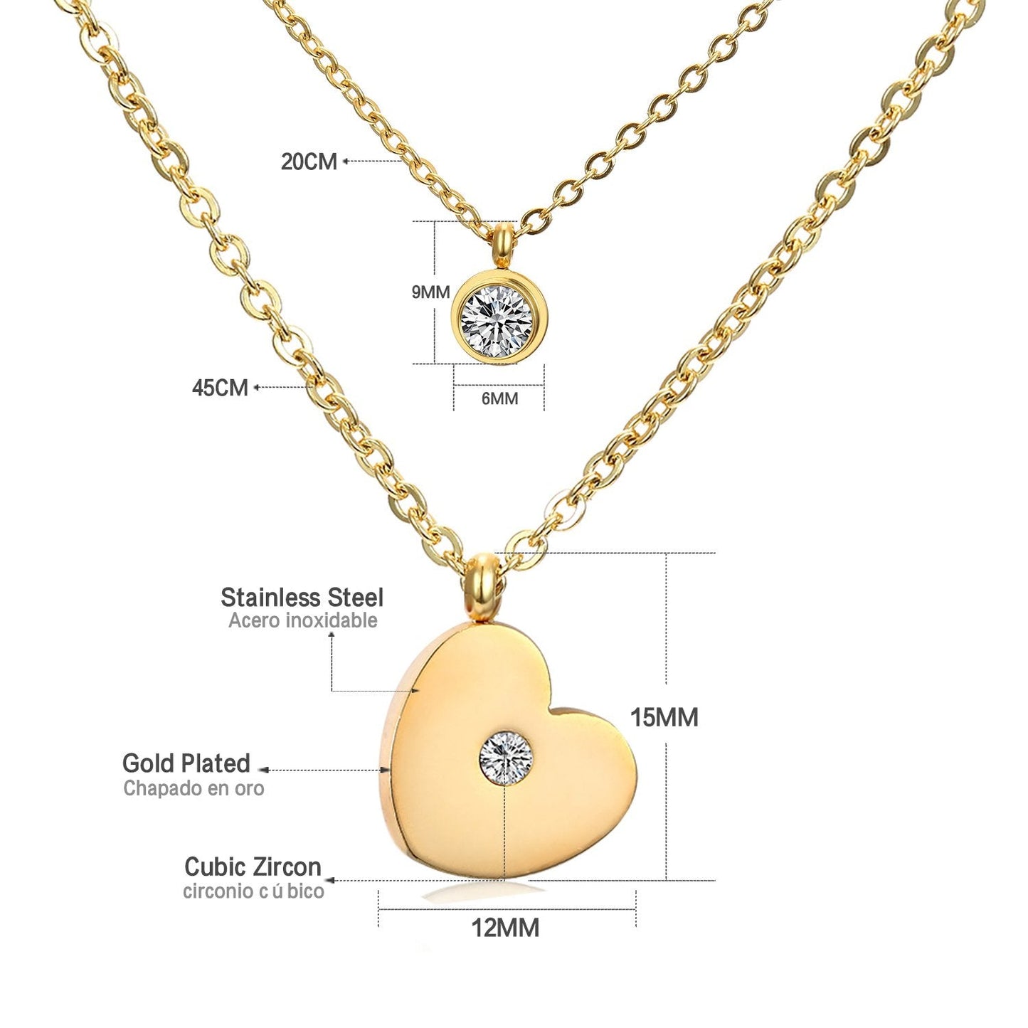 ASON Heart Shape Pendant Necklaces Gold Color Stainless Steel Multi-layer Chains Round Cubic Zirconia Choker For Women