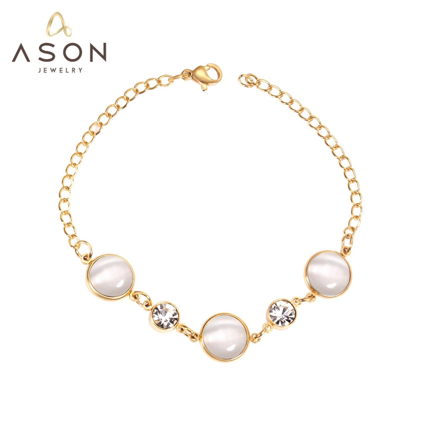 ASON Trendy Style Opals Shape With Cubic Zirconia Bracelets for Women Gold Stainless Steel 20cm Link Chain Bracelets