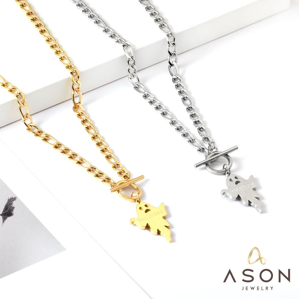 ASON Trendy Halloween Ghost Link Chain With OT Clasp Pendant Necklace Gold Color Stainless Steel For Women Men Jewelry Boho