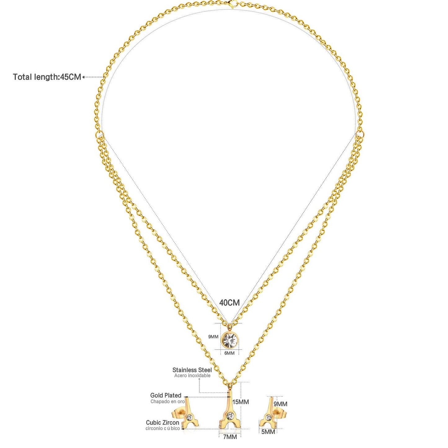 Brand New Stainless Steel Eiffel Tower Pendants Round Crystal Double Necklace Earrings For Women Dubai Jewelry Set