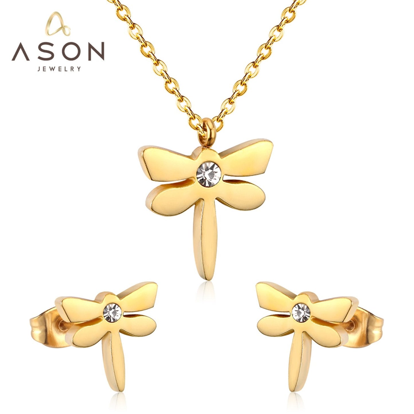 ASON Dragonfly Necklace Earrings Jewelry Set Stainless Steel Gold Color Animal Pendants Necklaces Statement Fashion Jewelry