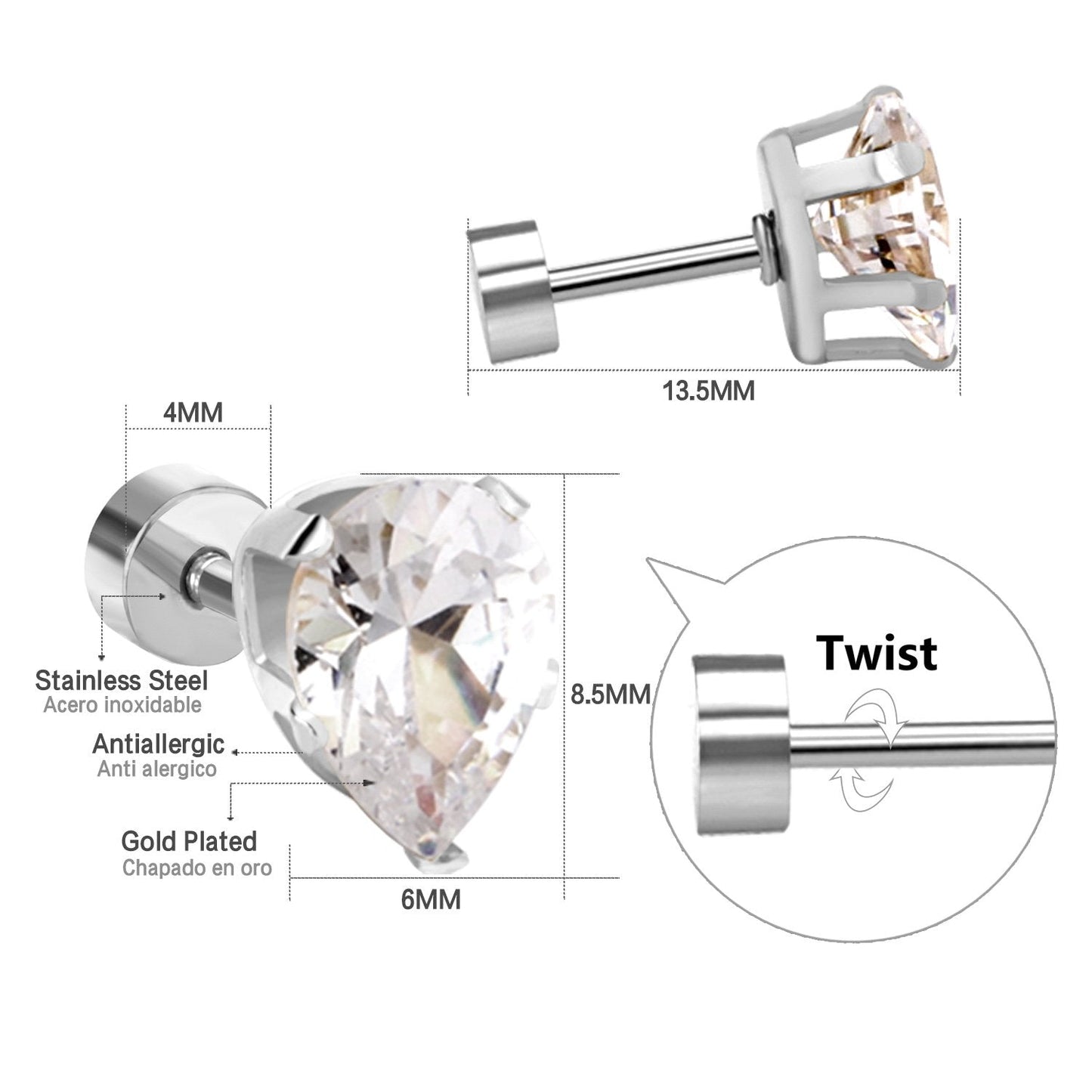 Water Drop Earings Piercing Crystal Stainless Steel Stud Earrings For Women/Kids Fashion Jewelry pendientes brincos