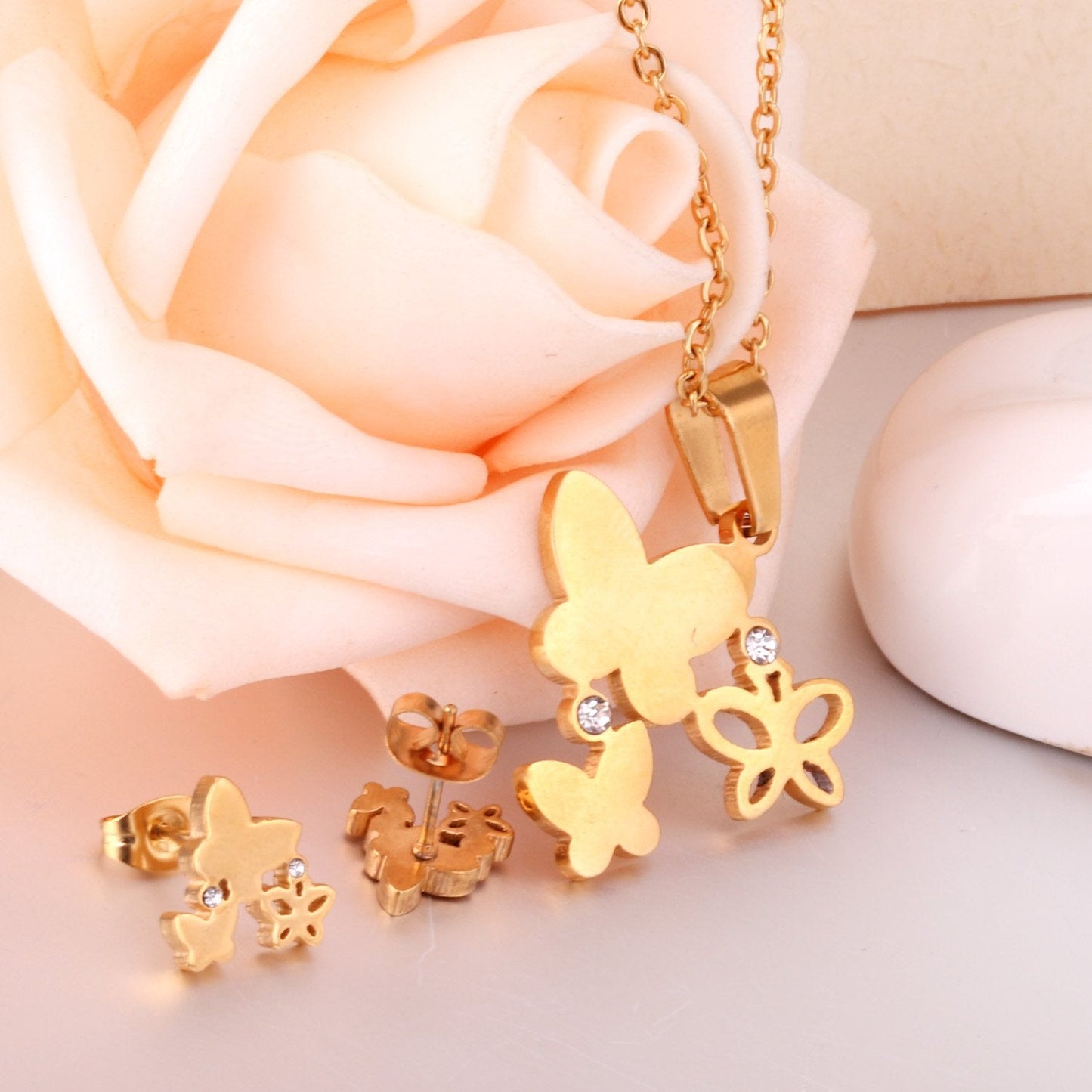 Fashion Butterfly Necklace Earrings Jewellery Set for Women Gold-Color Crystal Girls Dubai Wedding Jewelry Sets