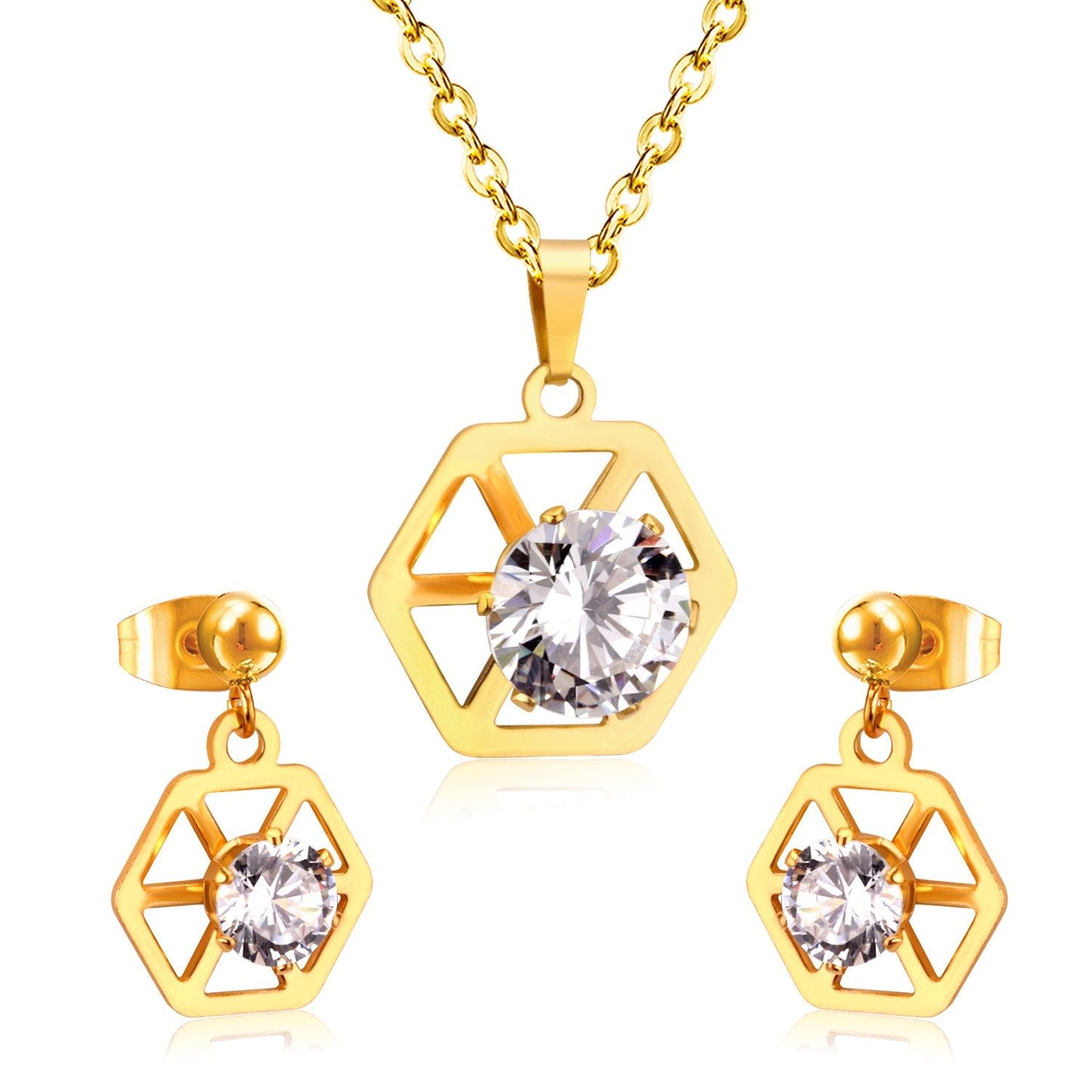 Hexagon With Cubic Zircon Pendant Necklaces Earrings Sets For Women Party Jewelry Set Factory Direct parures bijoux