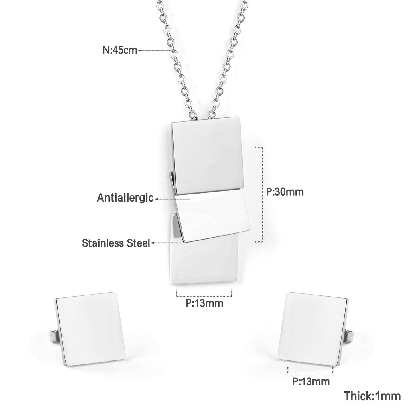 Rectangle Shape Trendy Necklaces Earrings Stainless Steel Jewelry Set Gold/Silver Color For Woman Valentine Gifts