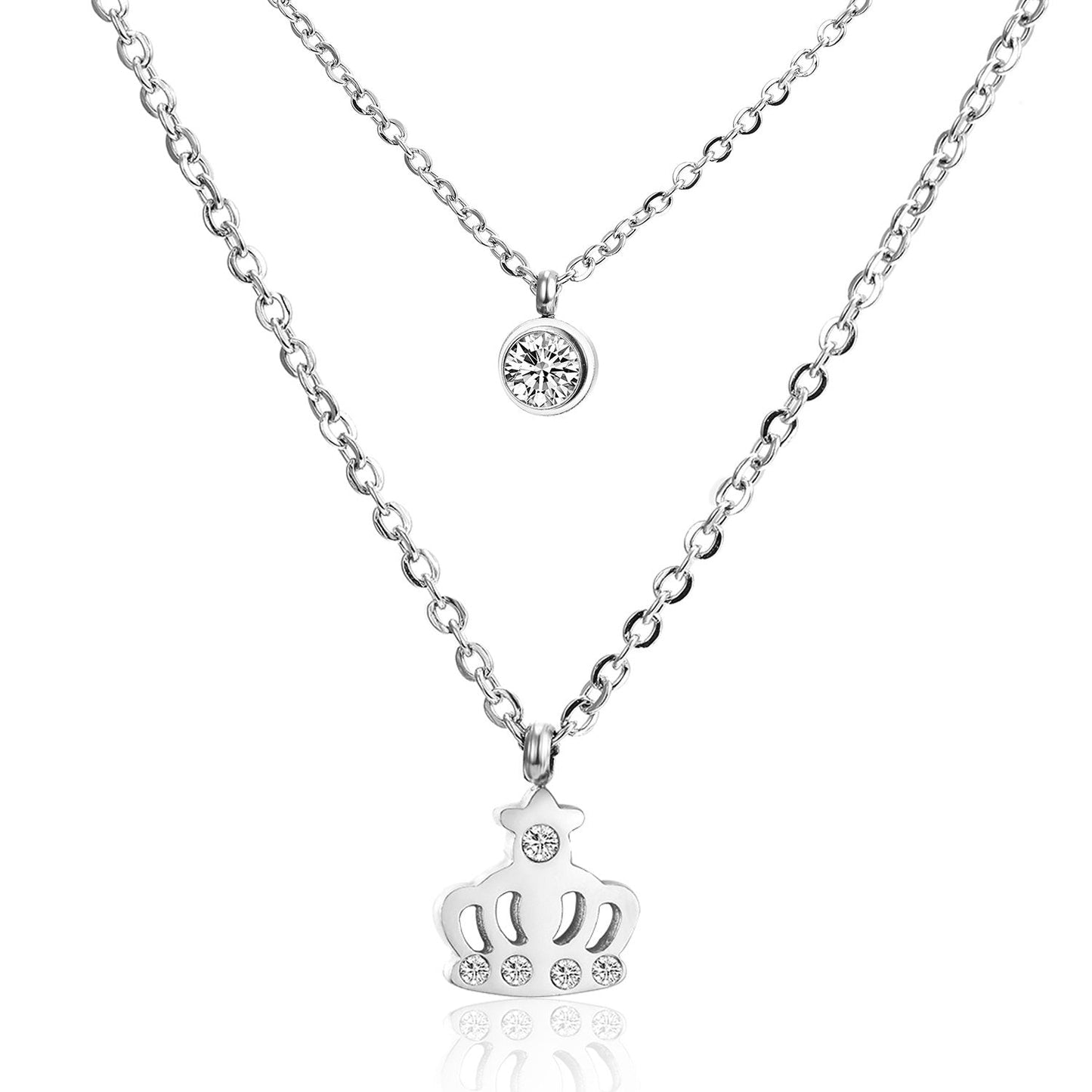 ASON Necklaces Stainless Steel Round Cubic Zirconia Pendant Necklaces Gold Color Double Chainlaces Party Gift Chokers