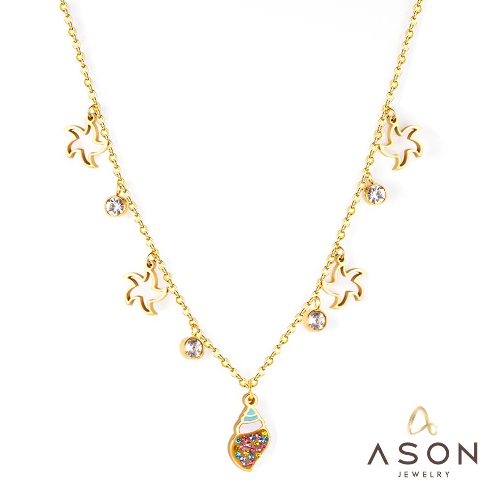 ASON Gold Color Conch and Star Pendant Chain with Cubic Zirconia Stainless Steel Necklace for Women Jewelry Accessories