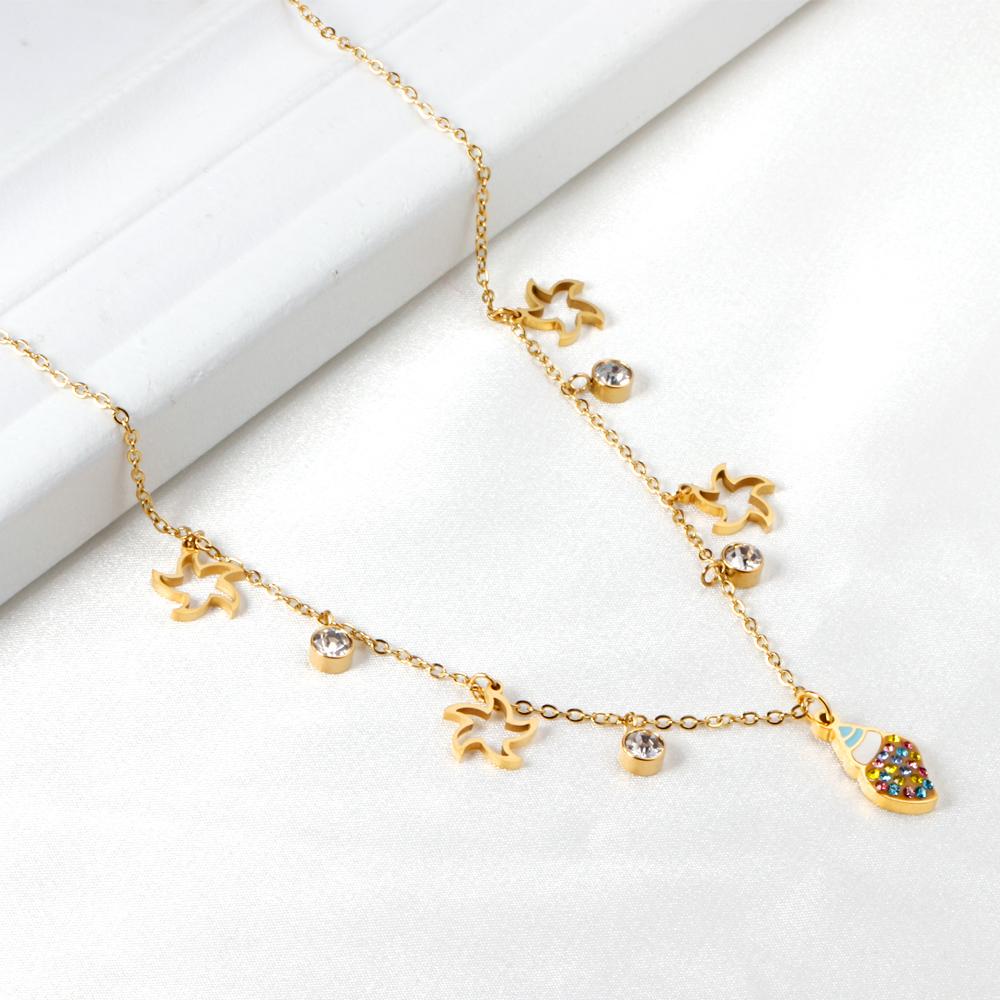 ASON Gold Color Conch and Star Pendant Chain with Cubic Zirconia Stainless Steel Necklace for Women Jewelry Accessories