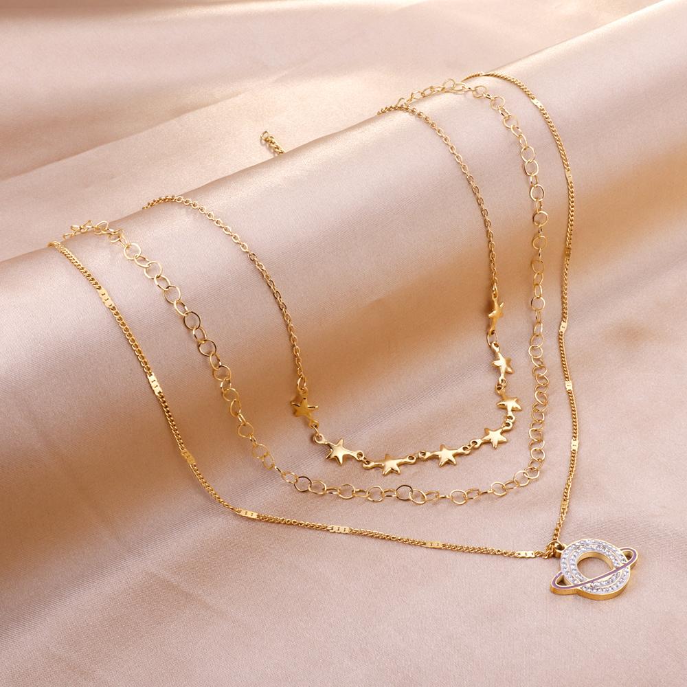 Planet Design With Shiny AAA Zirconia Triple Three Layer Pendant Necklace With Stars Collier Mix Trendy Jewelry 90S