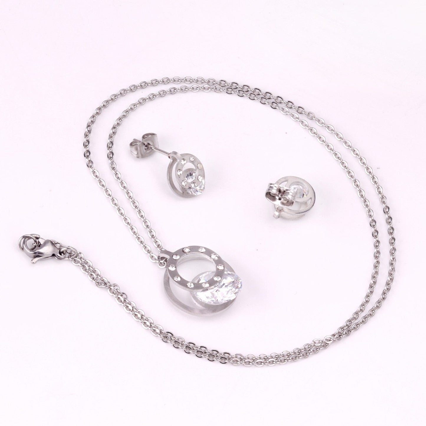 Cubic Zirconia Round Double Necklace Earrings Jewelry Sets For Women Girl bijoux Stainless Steel Wholesale Wedding