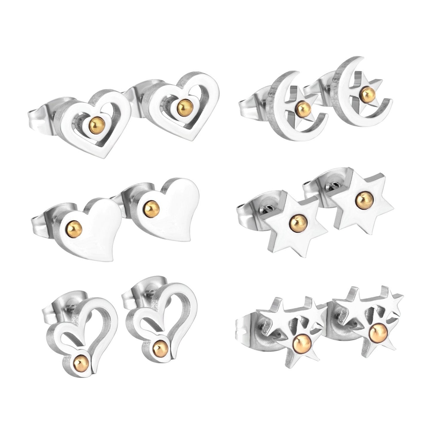 ASON 6pairs/Box Star/Heart Shape with Ball Small Piercing Stud Earring Stainless Steel Silver Color Earrings Set For Women