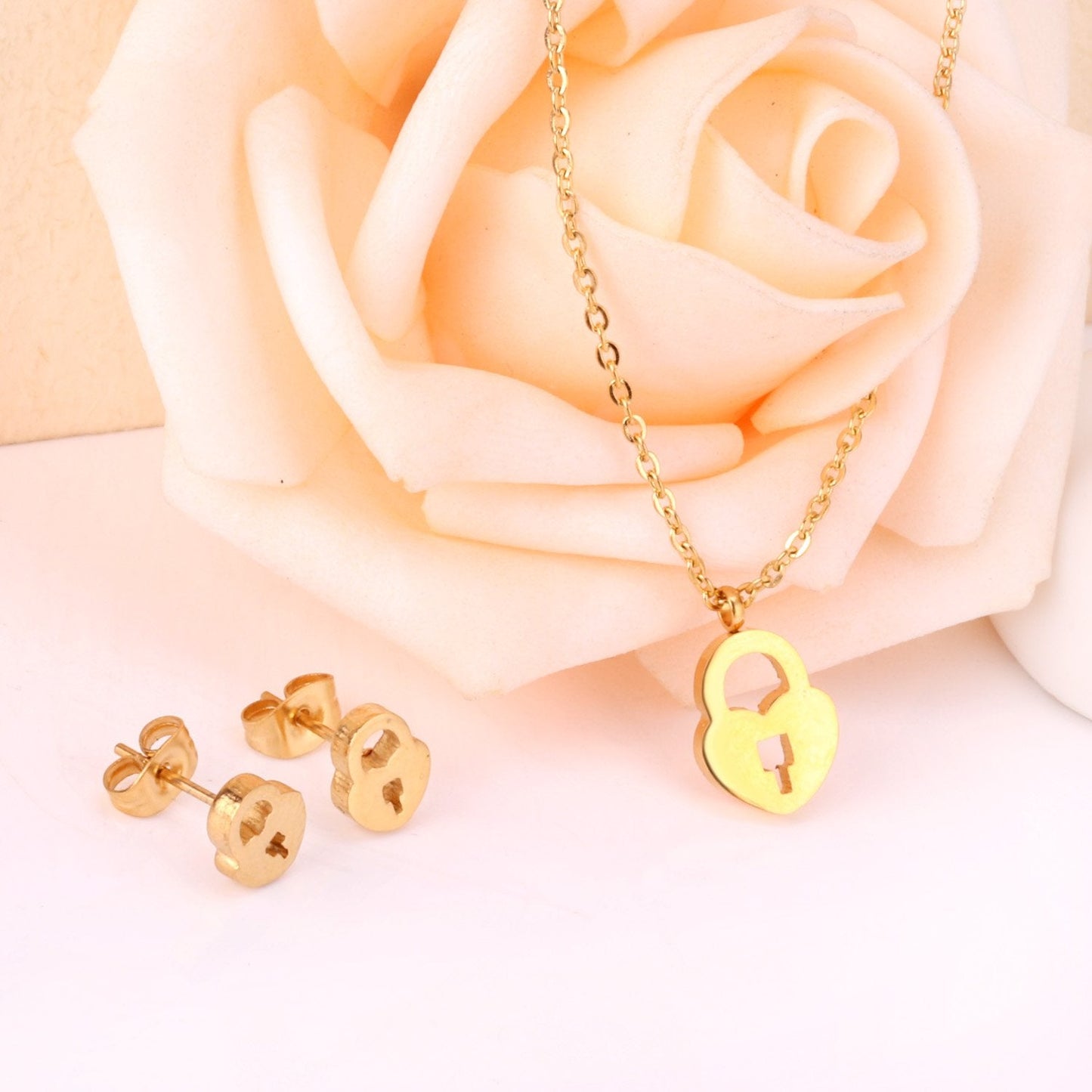 Heart Shape Lock Stainless Steel Silver Color Necklaces Earrings Sets For Ladies Party Jewelry Set pendientes mujer