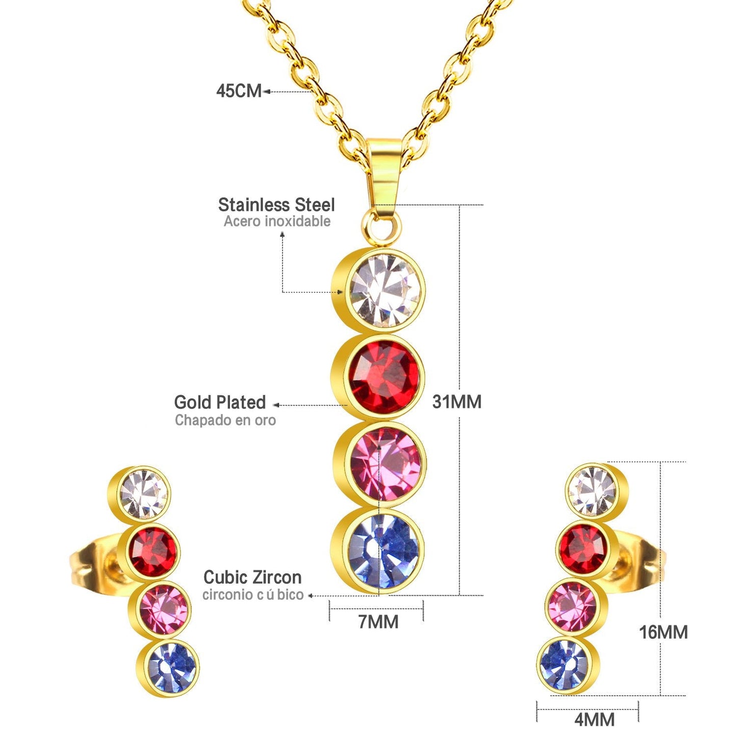 ASON Necklace Sets Colorful Round Cubic Zirconia Pendant Necklace Fashion Stud Earring Fashion Jewelry Women Party Gift