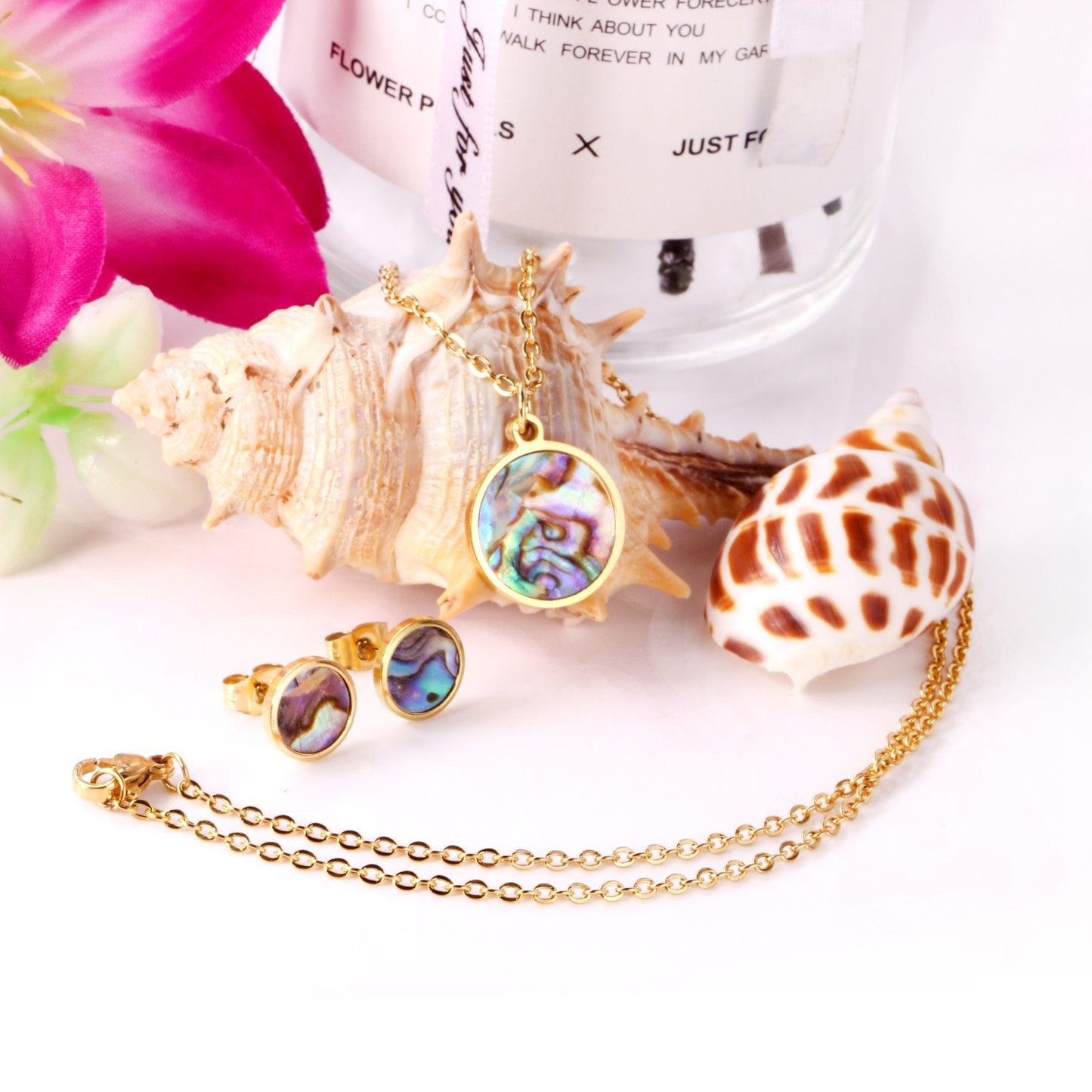 ASON Round Wedding Shell Carbon Fiber Jewelry Sets Pendant Necklace & Small Stud Earrings 316L Stainless Steel for Women