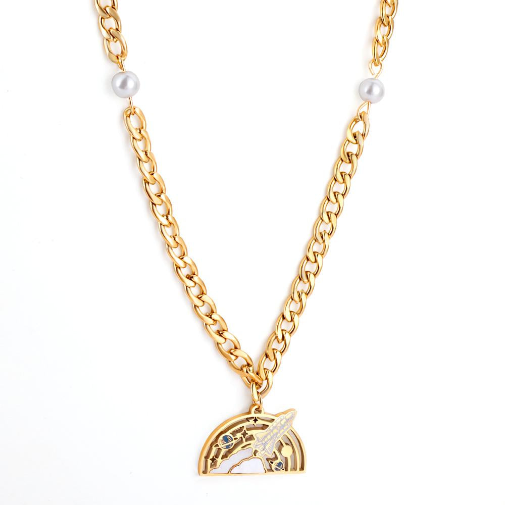 Moon With Cute Astronaut Design Elegant Chain With Imiatation Pearl Double Layer Jewelry On Neck Statement Collier
