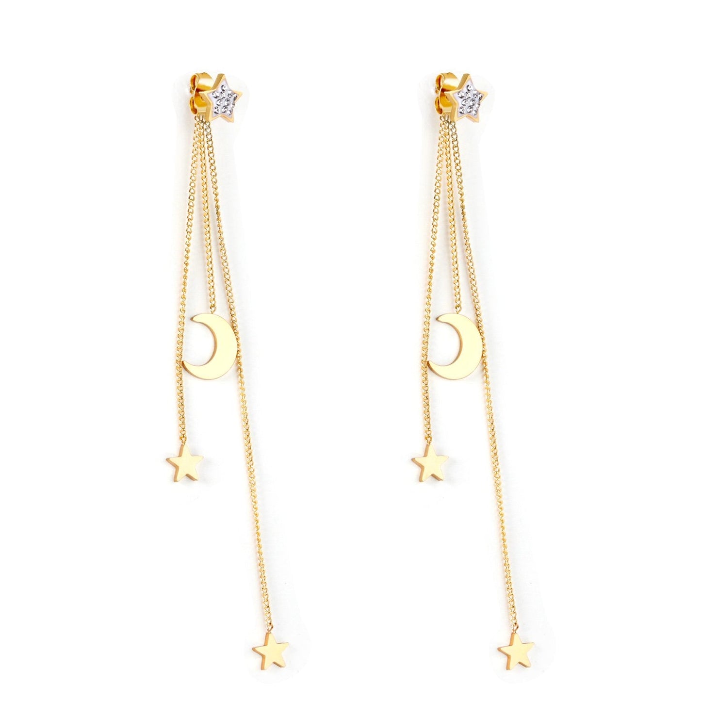New Crystal Stars Coin Long Tassel Dangle Earrings For Women Girls Stainless Steel Trending Korean Fashion Jewelry
