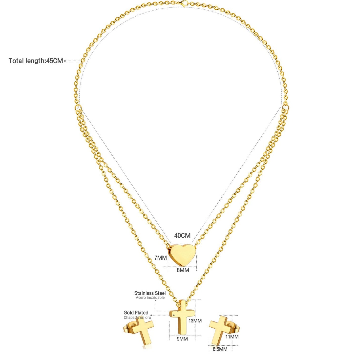 ASON Jewelry Sets for Party Stainless Steel Double Chains Necklace Gold Color Cross Piercing Stud Earring Fashion Jewelry