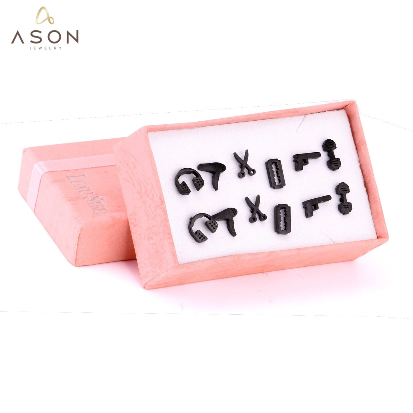 ASON 6Pairs/Box Titanium Earrings Hiphop Jewelry Stainless Steel Mixed Shape Black Color Piercing Stud Earrings Men Women