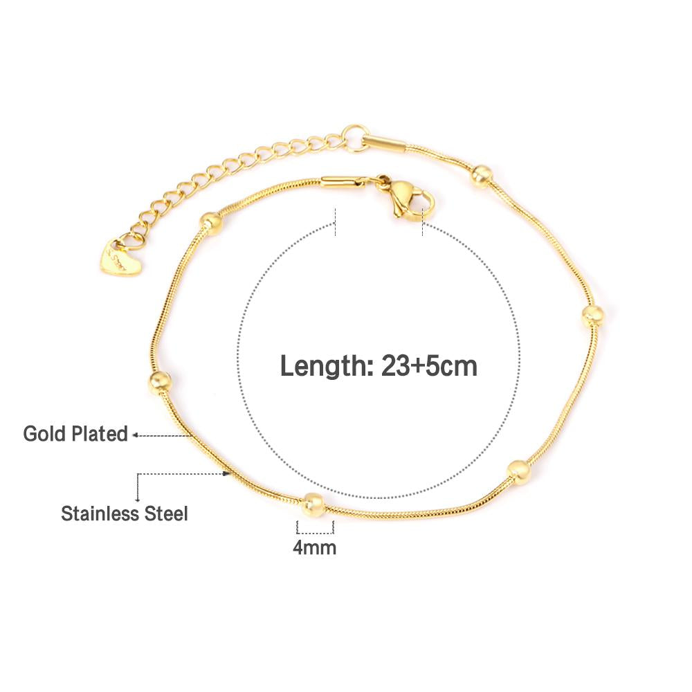 ASON Bead Foot Chains with Extender Adjustable Chain Anklet Gold Color Stainless Steel Fashion Jewelry for Women Beach