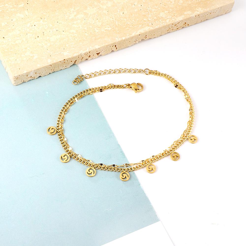 ASON Fashion Round Shape Hollow Out Accessories Multi-layer Chains Anklets Gold Color Stainless Steel For Women Jewelry