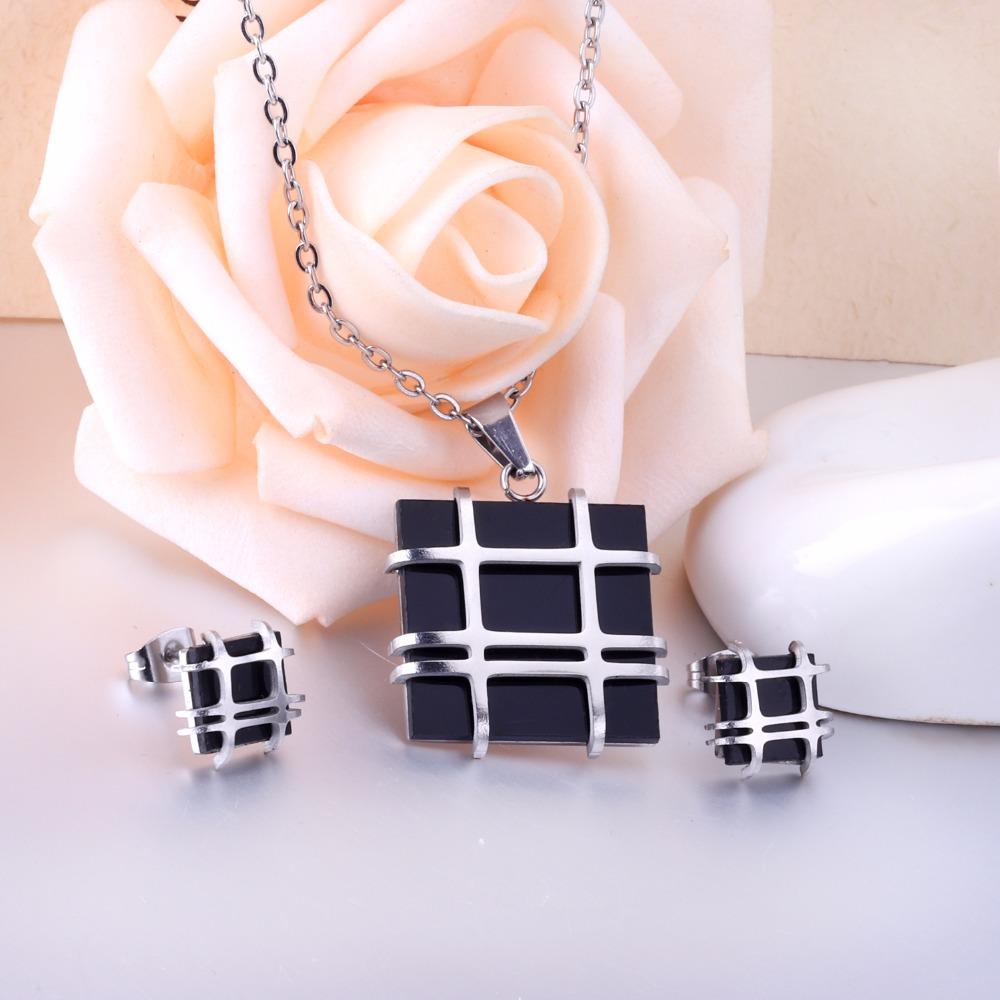 Jewelry Sets Stainless Steel Square Shape Pendant Necklace Earring For Women Chain Necklace Female Jewelry Collier