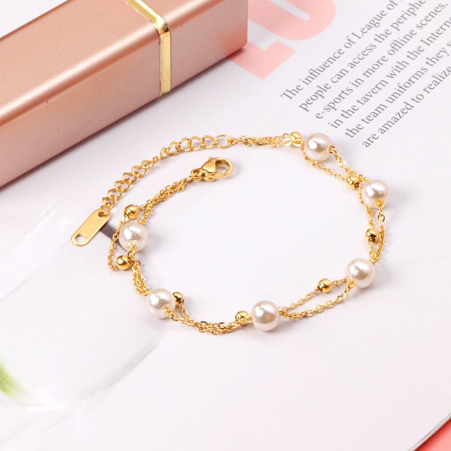 Wholesale Ason Gold Color Steel Ball Imitation Pearl 316L Stainless Steel Bracelet for Women Bangle with Extender Fashion Jewelry